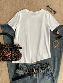 Attitoon Casual Minimalist Letter & Number Print Round Neck Short Sleeve Fitted Women T-Shirt, Suitable For Summer - White - View 2