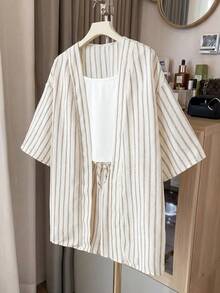SHEIN 青少年女孩吊帶上衣、條紋中袖和服襯衫與抽繩短褲套裝，休閒夏季度假穿搭，3件式短套裝夏季服飾，度假海灘穿搭 - 卡其色 - 查看 9