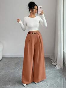 SHEIN Elenzya 女士纯色褶裥休闲百搭日常裤 - 棕色 - 查看 8