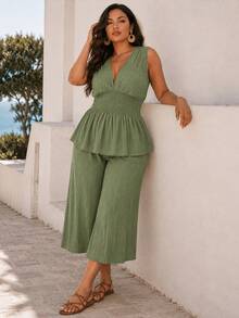 ELLERISSA Plus Size Green Shirred Waist V-Neck Top & Wide Leg Trousers Co-Ord Set - Green - View 1
