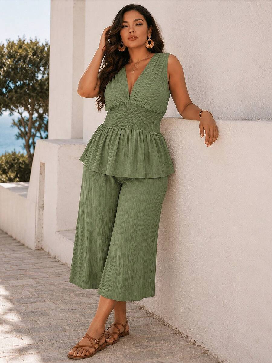 ELLERISSA Plus Size Green Shirred Waist V-Neck Top & Wide Leg Trousers Co-Ord Set - Green - View 1
