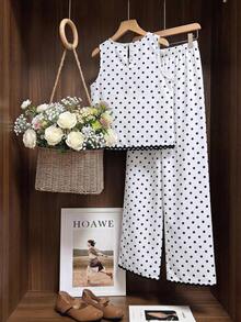 SHEIN 2Pcs Older Girls Charming Girls Black And White Polka Dot Print 2Pcs Co Ord Set Classic Retro - Black and White - View 2