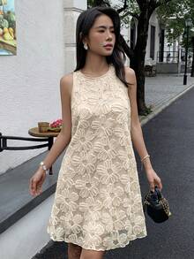 Yunfilé Đầm không tay ôm dáng, thêu hoa, cổ tròn, thanh lịch dành cho nữ. - Màu be - Xem 7