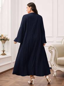 Al Najma Robe style arabe pour femmes grandes tailles, col cranté, manches évasées, patchwork en dentelle, couleur unie - Bleu marine - Voir 2