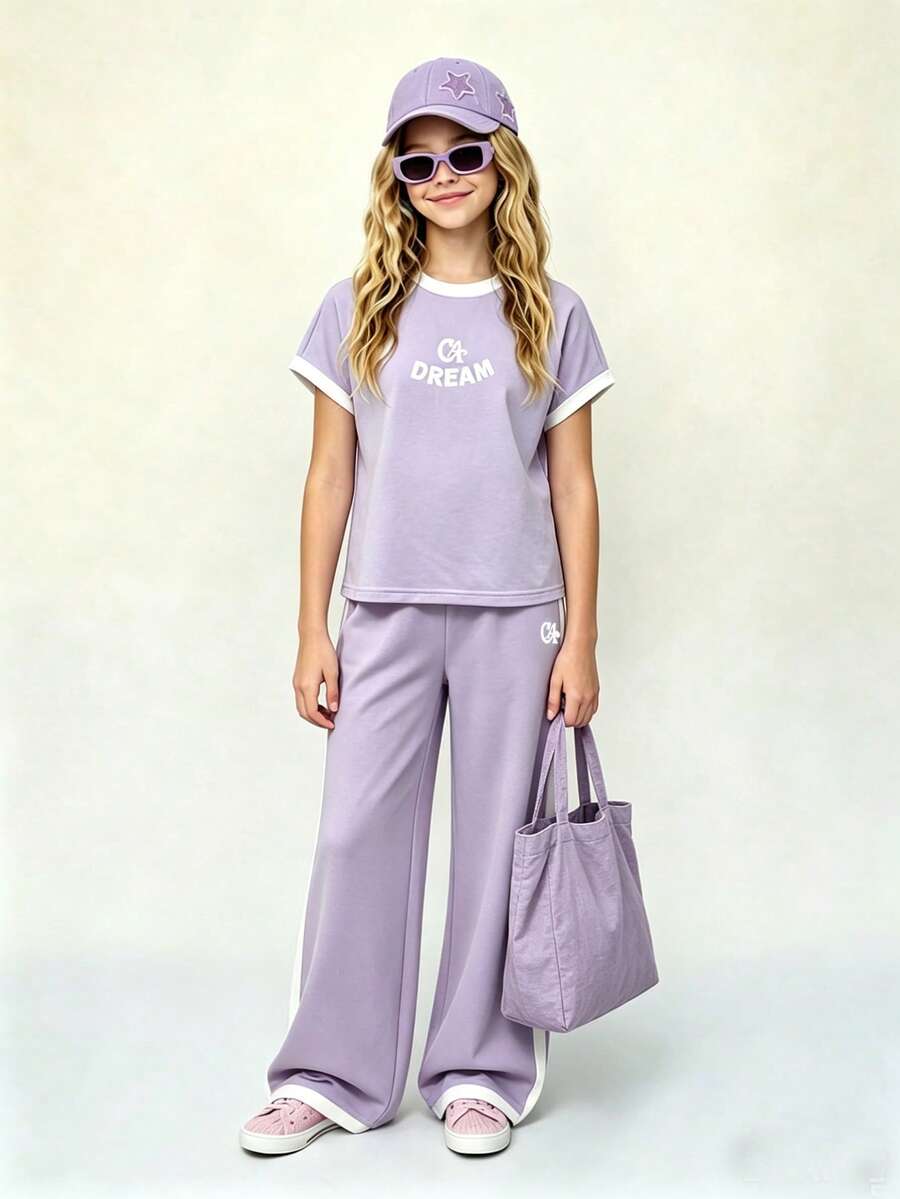 Casuvi Kids Tween Girls Casual All-Match Versatile Daily Wear Black & White Contrast Trim Round Neck Raglan Sleeve T-Shirt + Straight Leg Knit Pants Set - Violet Purple - View 1