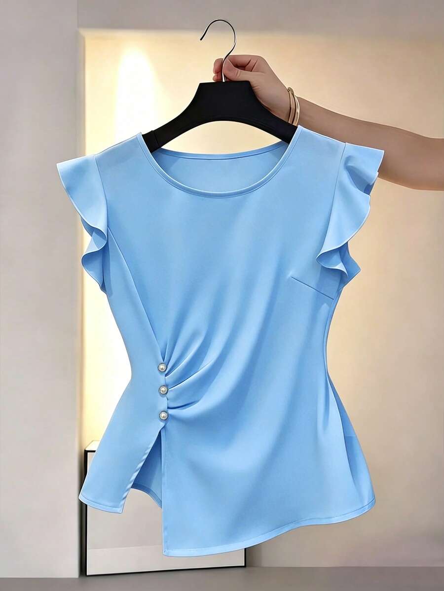 SHEIN LUNE 女士新款优雅不对称下摆荷叶袖衬衫,休闲度假装,适合日常通勤、情人节、狂欢节、海滩度假等场合 - 藍色 - 查看 1