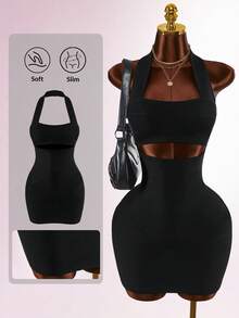 Amplova Y2K schwarzes Sommer Techno Club Rave enges ärmelloses Bandage Bodycon Minikleid, rückenfrei einfarbig Festival Outfit für Frauen elegante Party - Schwarz - Übersicht 2