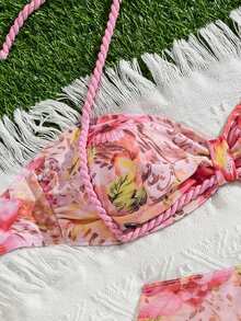 Zestiva Summer Beach Vacation Women's Pink And Orange Tropical Ditsy Floral Braided Bandeau Top And Layered Ruffle Hem Skirt Bikini Set - Multicolor - View 7