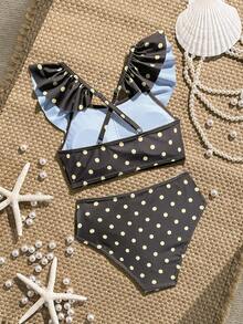 SHEIN Tween Girl Polka Dot Print Swimwear Set, Ruffled Trim Criss-Cross Strap, Suitable For Beach Vacation & Summer - Multicolor - View 3
