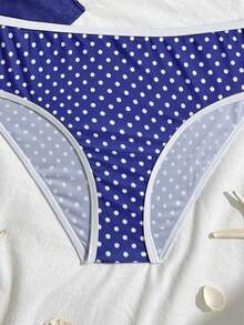 SHEIN Bộ bikini 3 món cho bé gái tuổi teen, màu xanh navy viền trắng, áo tankini có đệm mút, quần tam giác và áo khoác lưới, thời trang, thoải mái, thanh lịch, thích hợp cho bơi lội, bãi biển, hồ bơi, lướt sóng, kỳ nghỉ hè. - Màu xanh hải quân - Xem 4