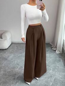 SHEIN Elenzya 秋冬季亚麻质感高腰纯色米色阔腿裤，优雅风格，适合日常穿着和工作场合，复古气息浓郁，适合毕业季、音乐节、赛马会、独立日等场合。 - 咖啡棕 - 查看 5