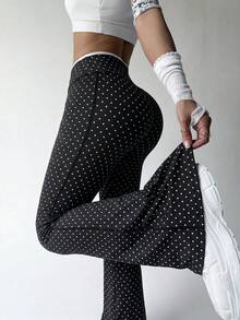 SHEIN Sovereign Charm Pantalon de sport évasé à taille croisée imprimé de pois pour femmes - Noir - Voir 3