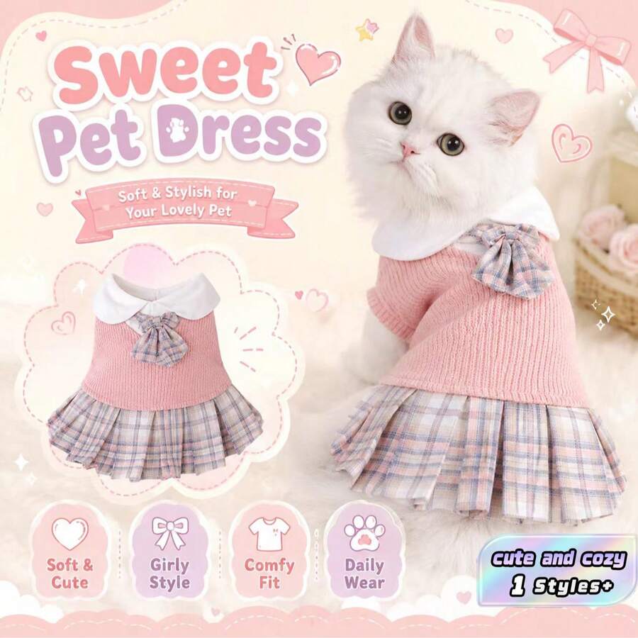 1 quần áo thú cưng bằng polyester, váy JK, váy len họa tiết mèo mềm mại và dễ thương phù hợp cho chó và mèo nhỏ mọi mùa (không phù hợp với chó lớn) - Hồng - Xem 1
