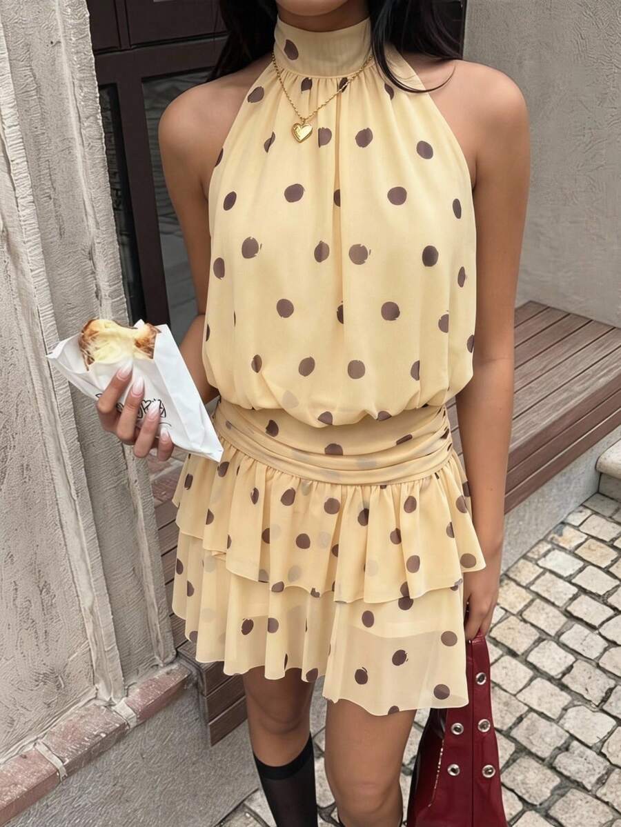 Aloruh 女士性感优雅露背褶皱荷叶边迷你连衣裙