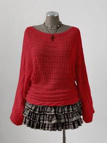 Sunspun Plus Size Women's Bohemian/Y2K Style Hollow Out Solid Color Flare Sleeve Long Sleeve Knit Sweater, Suitable For Vacation Outfits, Suitable For All Seasons - Red - View 4