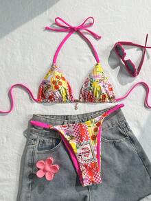 Swim Mod Women's Random Print Necklace Metal Jewelry Bikini Set, Spring/Summer - Multicolor - View 2
