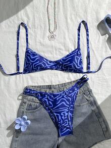 Sirith Women's Polka Dot Print Reversible Micro Bikini Set, Casual Beach Vacation - Blue - View 7