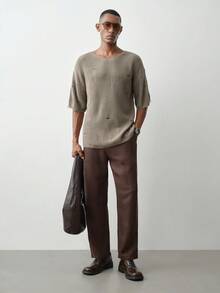 MENRIVO Men's Solid Color Distressed Short Sleeve Knit Top - Camel - View 2