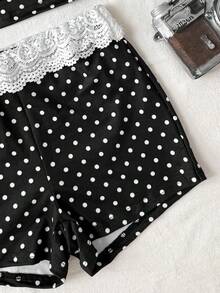 SHEIN Tween Girl Cute Black And White Polka Dot Knit Crop Top And Shorts Set,Summer Vacation Holiday Beach Outfit,Casual Comfortable Valentine's Day Fashion - Black - View 5