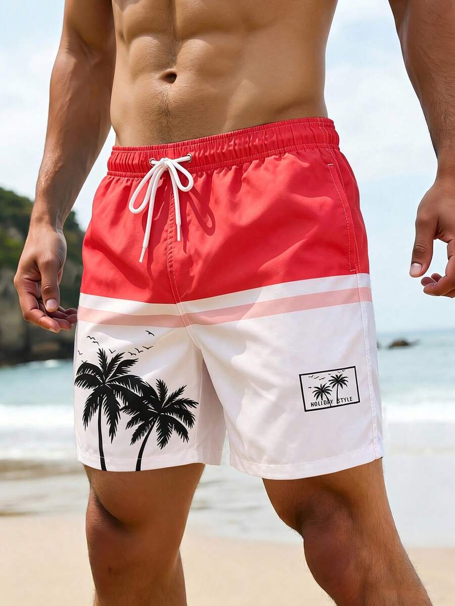 Oro Vacation Men's Casual Coconut Tree Drawstring Beach Shorts, Holiday - Watermelon Pink - View 1