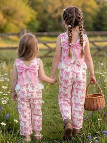 Emery Rose Kids Emery Rose Kids 女童蝴蝶结印花圆领蕾丝下摆背心和休闲裤套装 - 粉色 - 查看 7