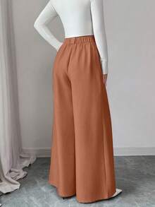SHEIN Elenzya 女士纯色褶裥休闲百搭日常裤 - 棕色 - 查看 2
