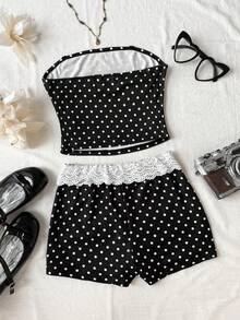 SHEIN Tween Girl Cute Black And White Polka Dot Knit Crop Top And Shorts Set,Summer Vacation Holiday Beach Outfit,Casual Comfortable Valentine's Day Fashion - Black - View 2