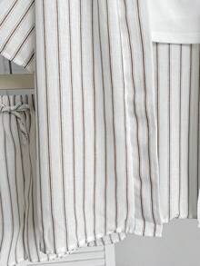SHEIN 青少年女孩吊帶上衣、條紋中袖和服襯衫與抽繩短褲套裝，休閒夏季度假穿搭，3件式短套裝夏季服飾，度假海灘穿搭 - 卡其色 - 查看 7