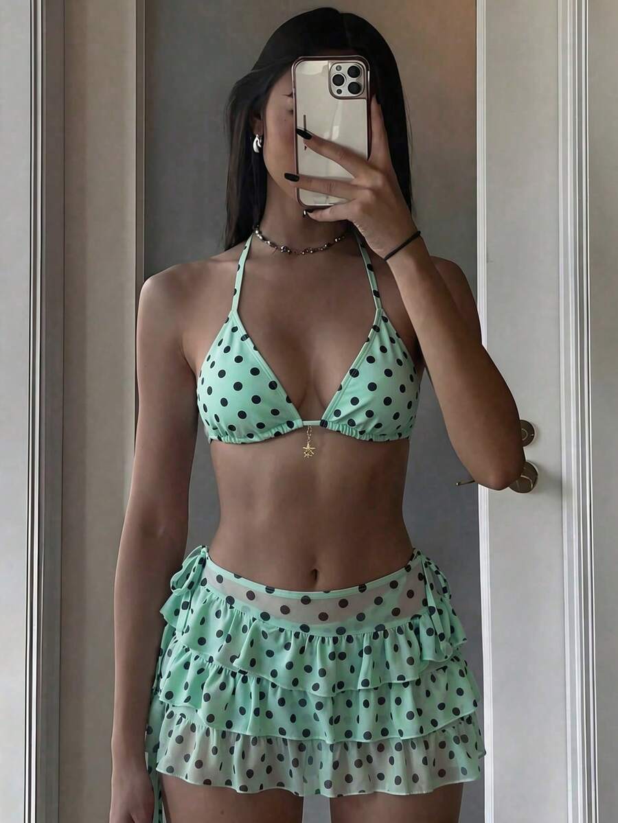 Bonvoyette 女士波点露背吊带性感比基尼三件套,适合海滩度假 - 薄荷綠 - 查看 1