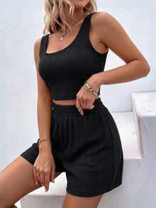 SHEIN Holidaya 女士休闲纯色背心短裤两件套 - 黑色 - 查看 6