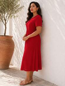 ELLERISSA Vestido midi de punto waffle con botones y mangas cortas, talla grande, color rojo - Rojo - Ver 3