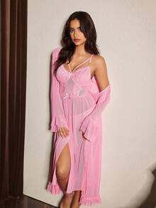 Slumberist Set Pakaian Santai Kasual Wanita: Gaun dan Jubah Camisole dengan Hiasan Pita dan Patchwork Renda - Berwarna merah muda - View 7