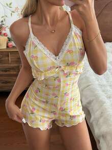 CottageSlumber Lace Patchwork Ruffle Bow Decor U-Back Plaid Fitted Jumpsuit Loungewear - Yellow - View 2