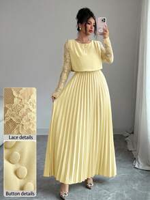 Modelyn Spring & Summer Elegant Contrast Lace Long Sleeve Round Neck Pleated Midi Dress - Yellow - View 3