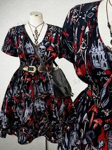 Sunspun Plus-Size Women's V-Neck All-Over Print Casual Party Dress - Multicolor - View 1