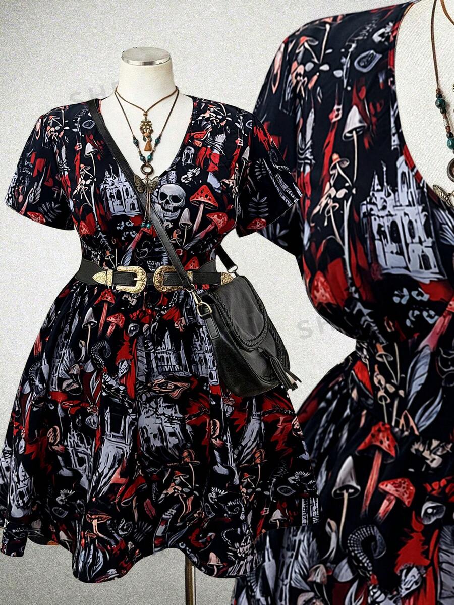 Sunspun Plus-Size Women's V-Neck All-Over Print Casual Party Dress - Multicolor - View 1