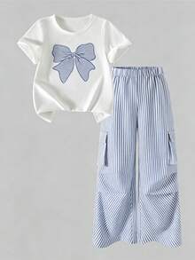 SHEIN Casuvi Kids 2件/套 青少年女孩休閒T恤&工裝褲套裝，蝴蝶結刺繡圖案圓領短袖T恤與長褲，春夏季時尚穿搭 - 藍白色 - 查看 5