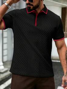 EGENSIO Camisa polo de hombre con cuello y puños acanalados, de unicolor, textura de jacquard, éxito de en negro y rojo - Negro - Ver 5