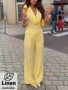 Aloruh Women's Summer Holiday Solid Color Textured Halter Top And Pants 2 Pieces Set Vacation Yellow Casual - Khaki - View 5