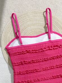 SHEIN Conjunto de bikini de 2 piezas con textura fucsia para niñas preadolescentes, adecuado para la playa, vacaciones de verano y fiestas en la piscina - Multicolor - Ver 5