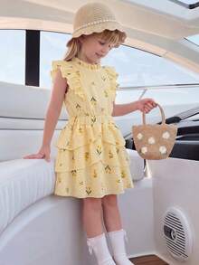 Elladie kids 2件組少女 2626 夏季新款花卉領飛袖無袖露背上衣 + 荷葉邊裙襬套裝，休閒時尚通勤、派對、海灘度假穿搭 - 黃色 - 查看 3