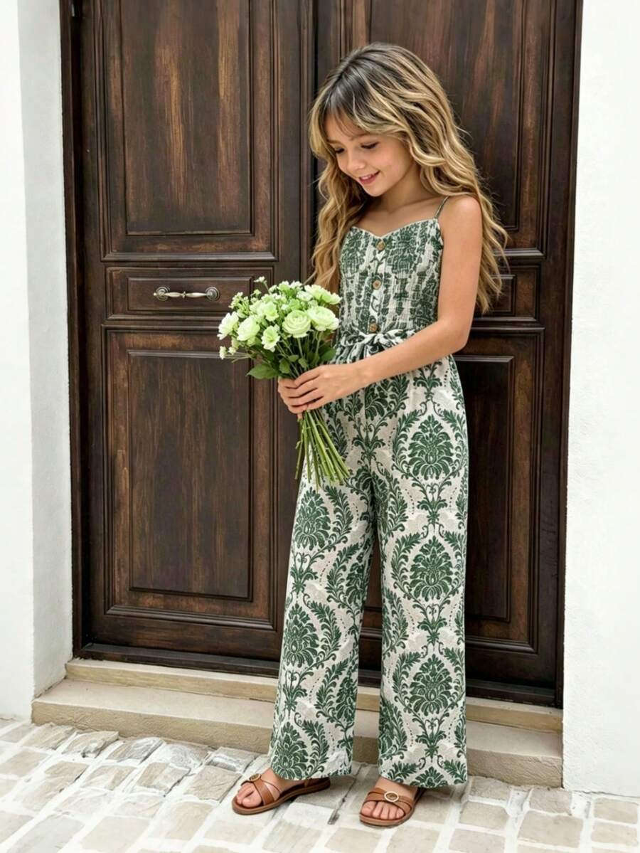 SHEIN Sparklyn Tween Girl Retro Floral Print Jumpsuit, Pastel Green Summer Boho Vacation Holiday Frill Trim Cinched Waist Wide Leg Pants, Comfortable Elegant Vintage Look