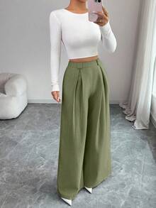 SHEIN Elenzya 秋冬亞麻感高腰寬腿褲，休閒素色，優雅風格適合日常穿著與工作，畢業季、復古音樂節、德比賽、日 - 橄欖綠 - 查看 7