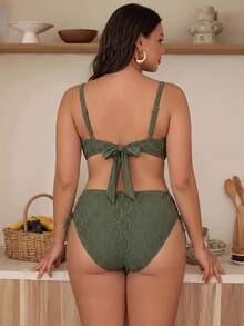 Swim Chiccia 大尺碼女款珠飾蕾絲比基尼套裝泳衣 - 軍綠色 - 查看 2