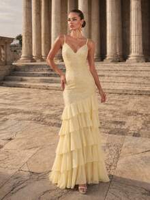 Glamrae Elegant Stylish Light Yellow Sequined Embroidered Chiffon Halter Top With Back Tie Slit Multi-Tiered Cake Skirt; Formal Evening Gown For - Light Yellow - View 1