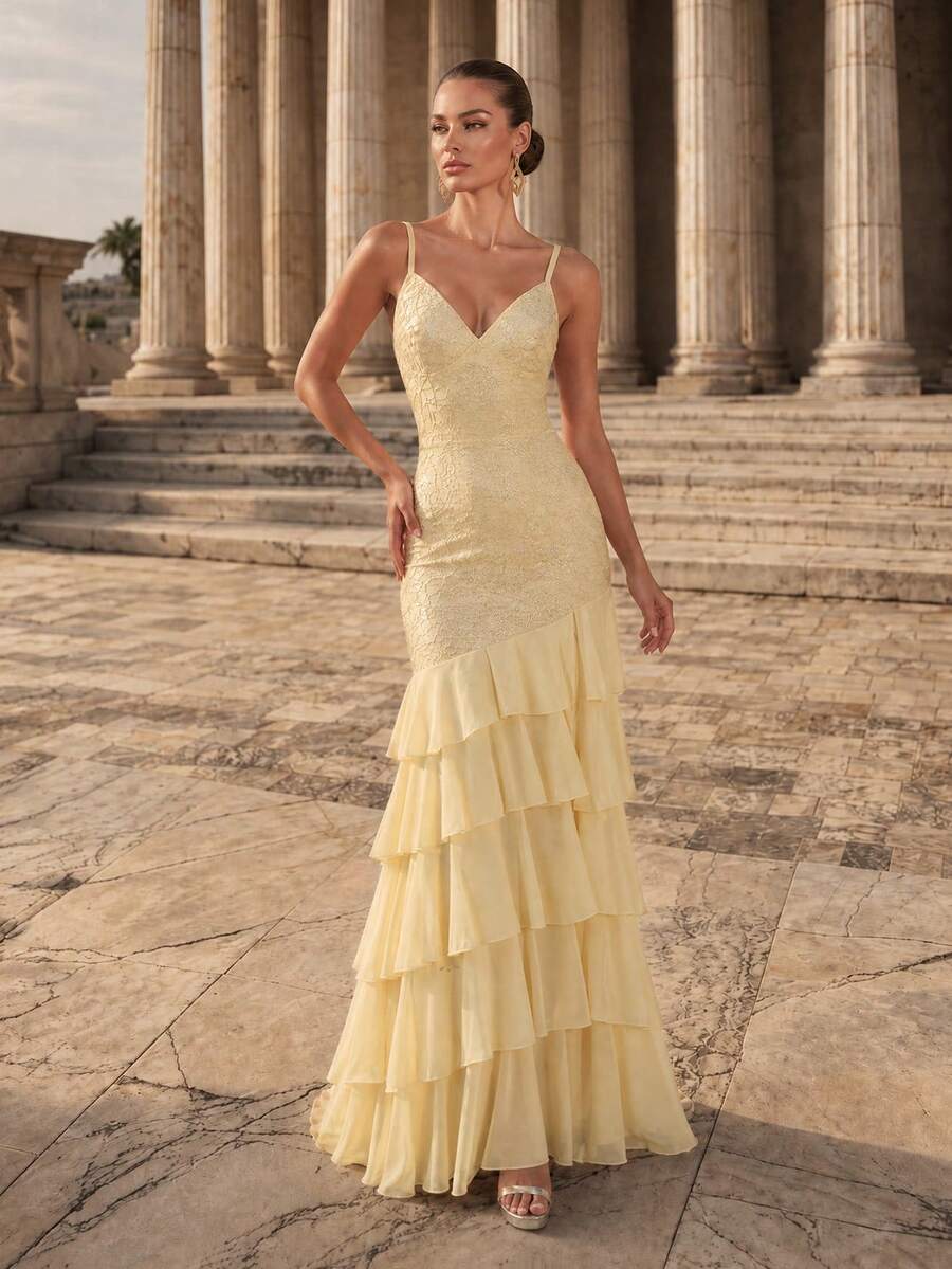 Glamrae Elegant Stylish Light Yellow Sequined Embroidered Chiffon Halter Top With Back Tie Slit Multi-Tiered Cake Skirt; Formal Evening Gown For - Light Yellow - View 1