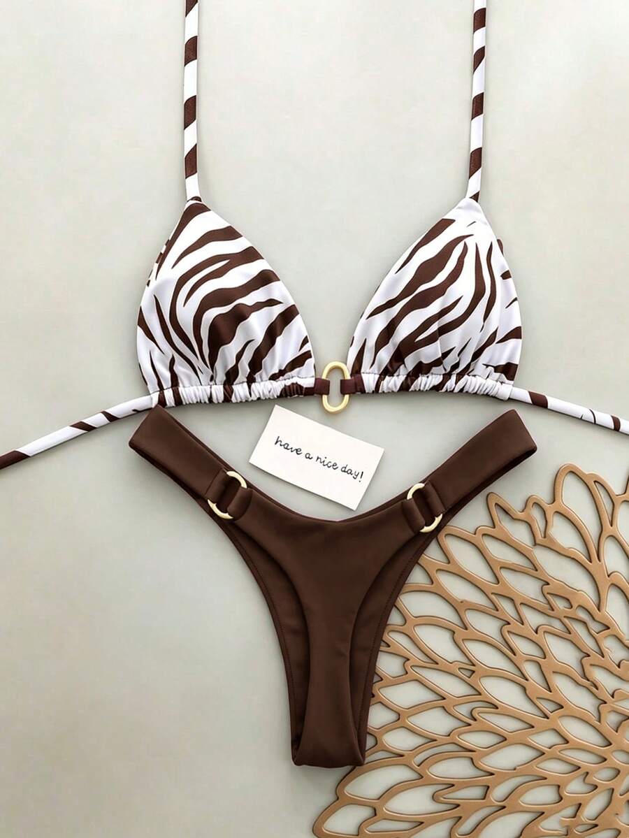 SHEIN Swim 新品春夏季斑馬紋掛脖綁帶比基尼,性感海灘度假純色對比兩件式泳衣 - 彩色 - 查看 1