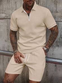 Manfinity Homme Men's Knitted Jacquard Solid Color Textured Collar & Cuffs Zip-Up Polo Suit - Apricot - View 4