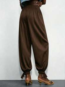 Lumivelle Women's Summer Pleated Fabric Drawstring Pants With Pockets,Slit Hem Bow Tie Lantern Leg,Shades Of Brown,Winter,Casual,Date Elegant Commuter Pants - Coffee Brown - View 4