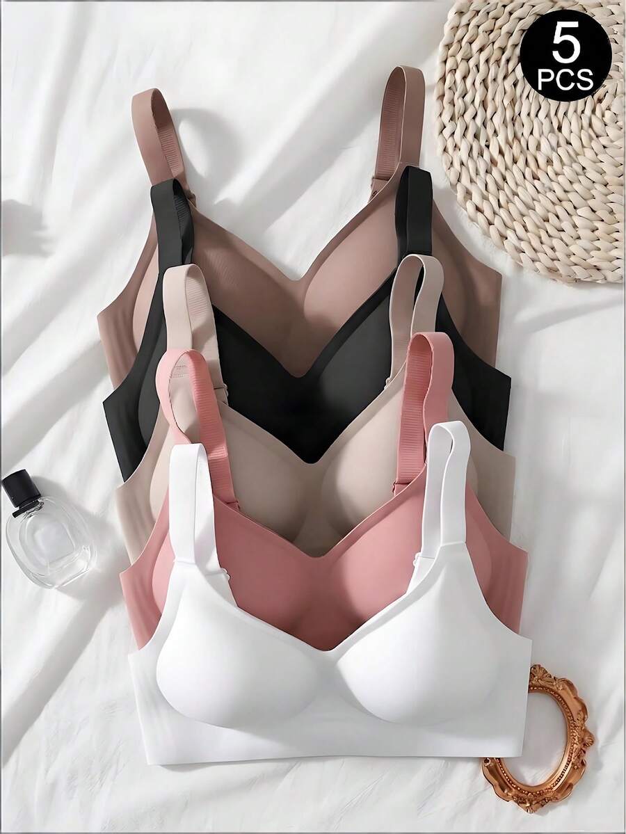 SHEIN 5件組女款極簡舒適無縫果凍膠無鋼圈內衣，附不可拆卸式胸墊